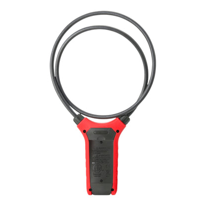 A red and black handheld clamp meter tool with a coiled black cable, shown against a plain white background.