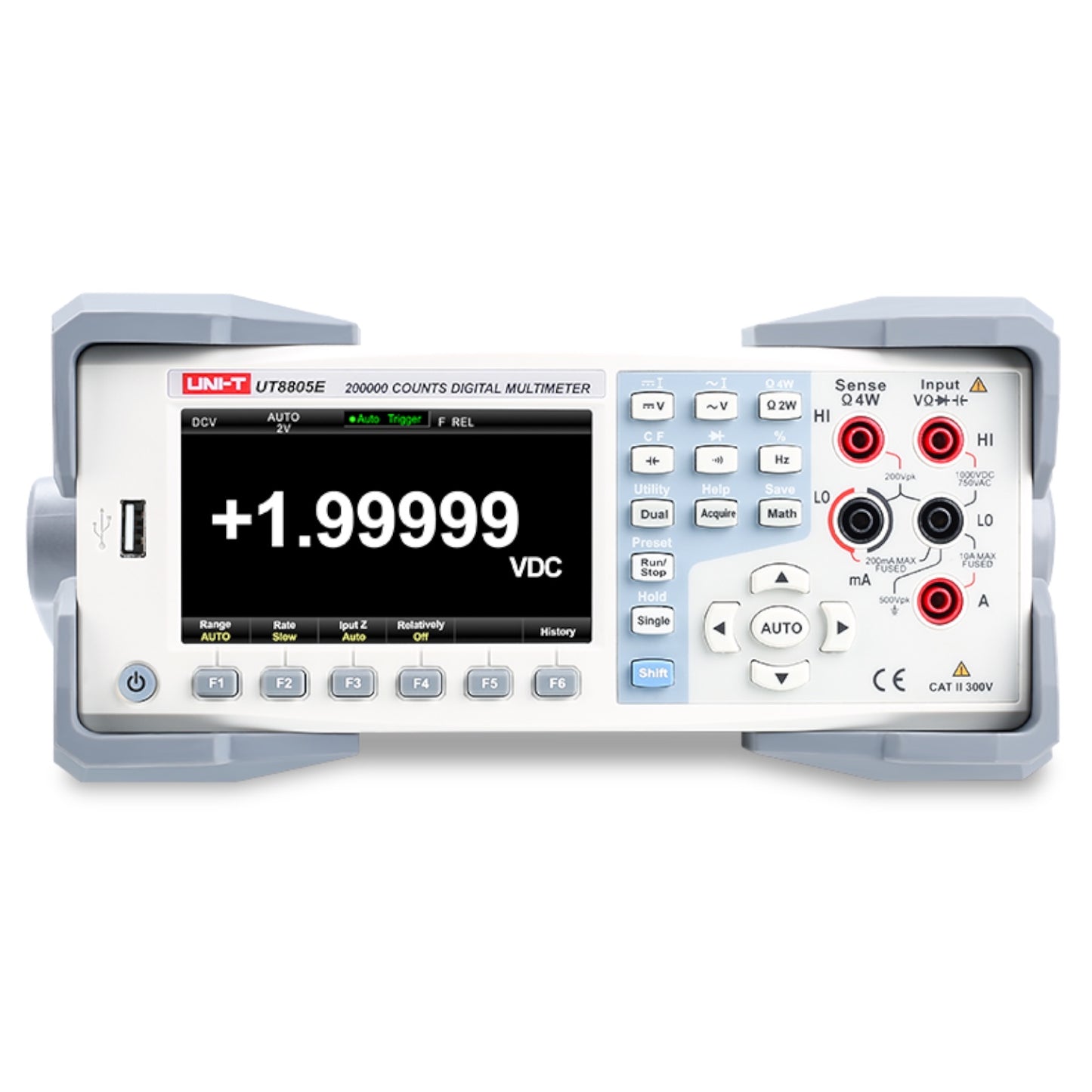 A UNI-T UT880SE 200Mx digital multimeter with a gray casing, white faceplate, and a black display screen showing '+1.99999 VDC'.