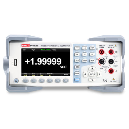 A UNI-T UT880SE 200Mx digital multimeter with a gray casing, white faceplate, and a black display screen showing '+1.99999 VDC'.