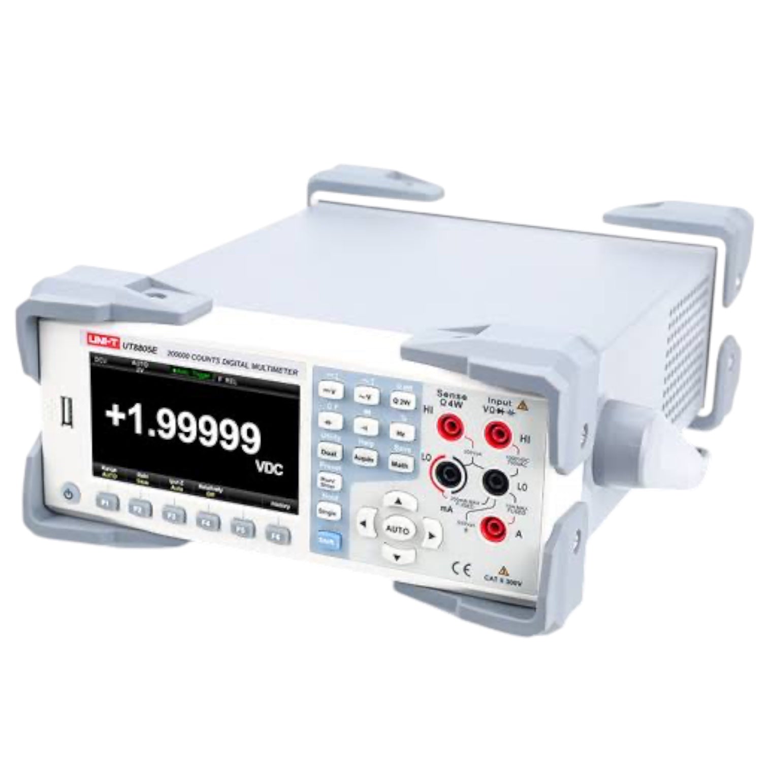 series digital multimeter with a light gray casing, featuring a black LCD screen displaying '+1.99999 VDC' and multiple control buttons on the front panel.