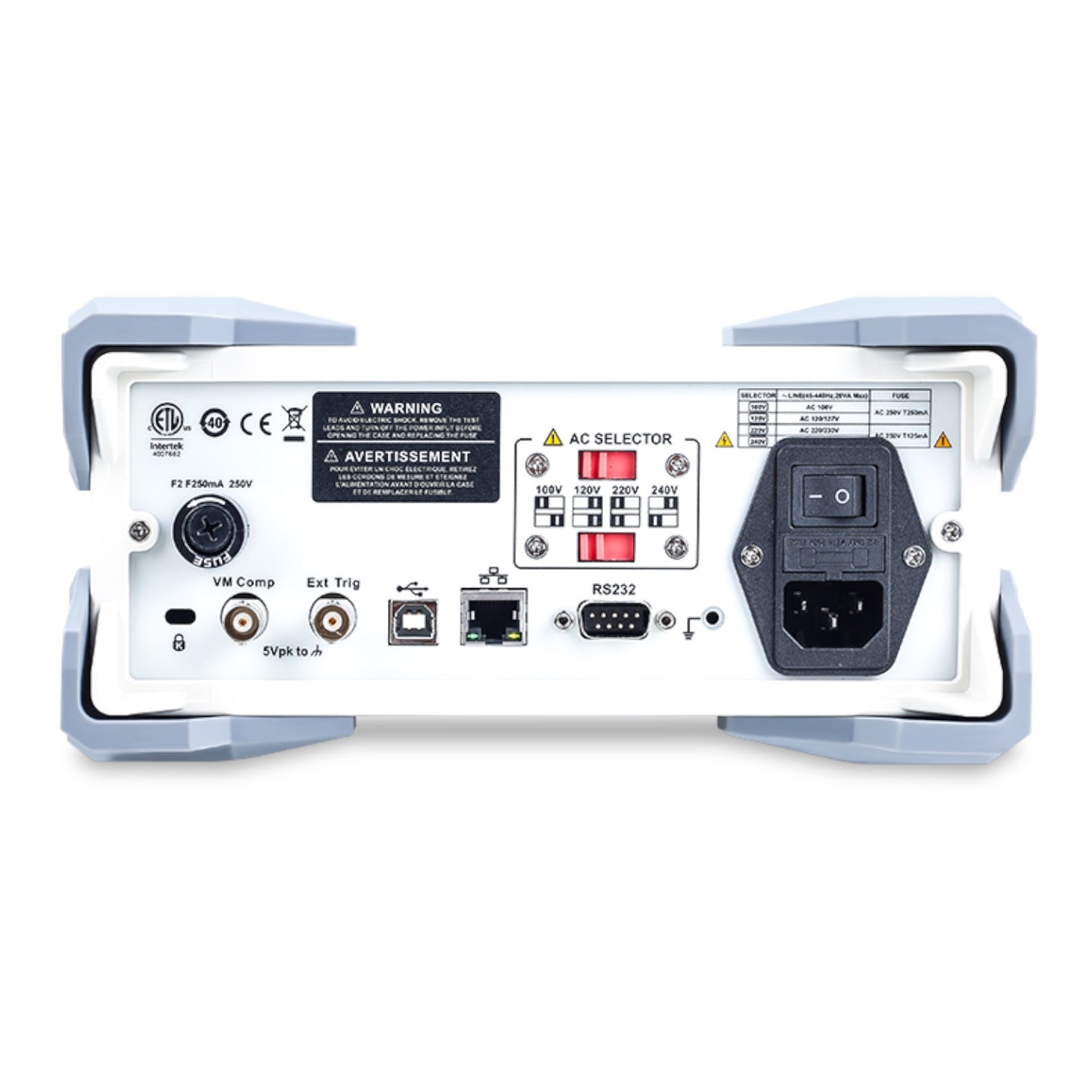 The rear panel of a Fluke digital multimeter showing various input/output connectors, a power switch, and safety labels on a white background.