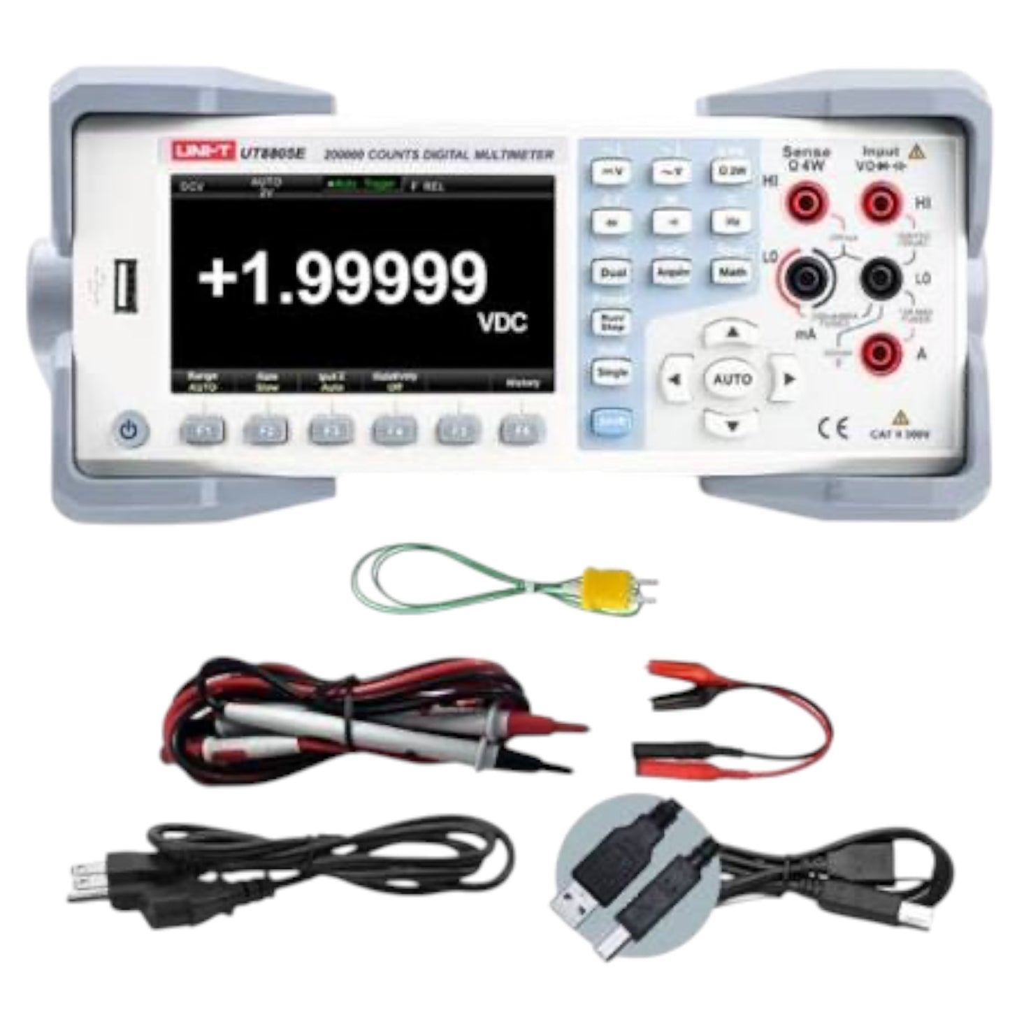 A UNI-T UT8100SE 2000 counts digital multimeter shown with its accessories, including test leads, cables, and a USB cable, on a white background.