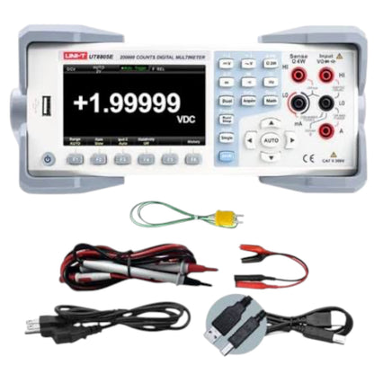 A UNI-T UT8100SE 2000 counts digital multimeter shown with its accessories, including test leads, cables, and a USB cable, on a white background.
