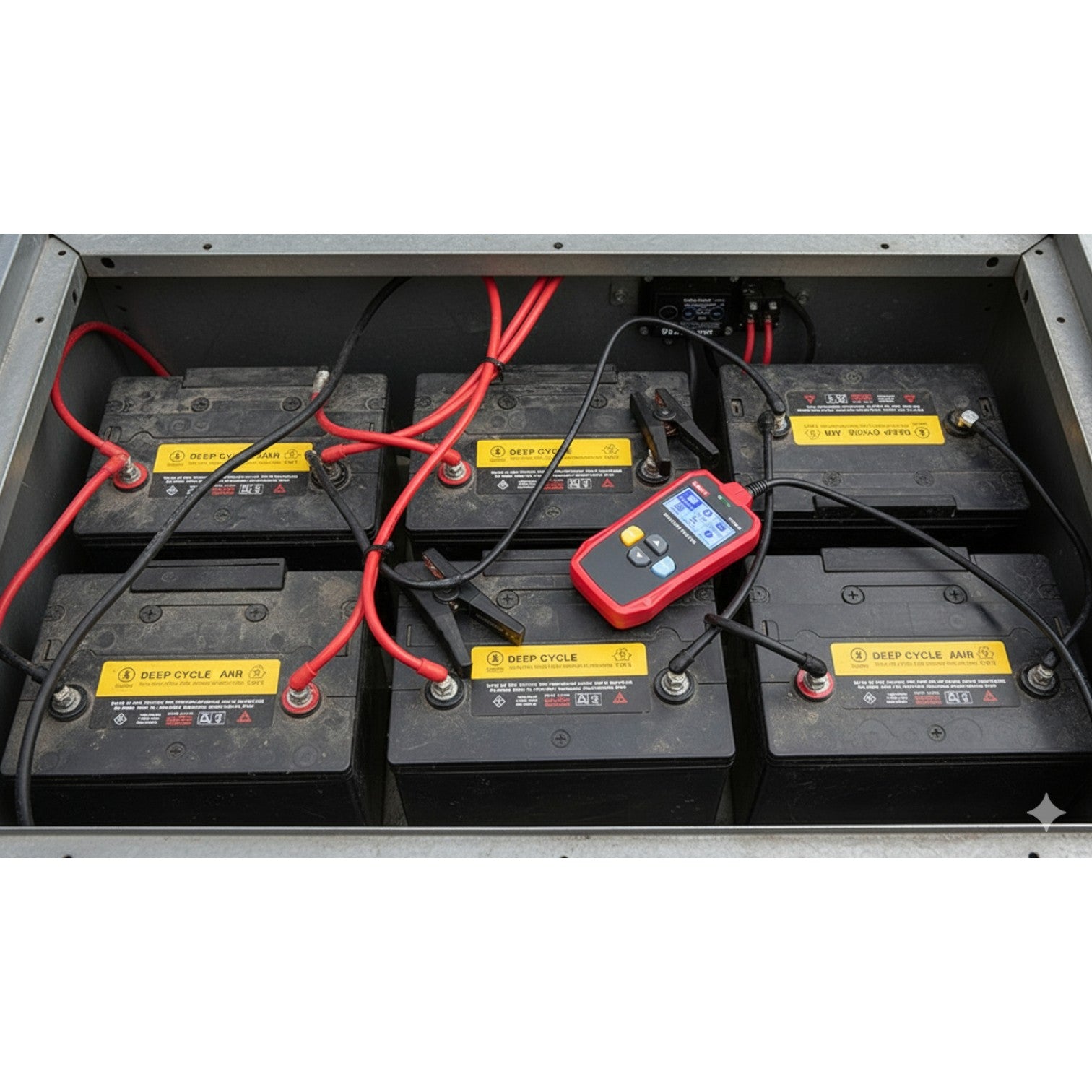 Batteries with connections and a digital multimeter on a white background UNI-T Digital Battery Tester 12V or 24V 250AH Max Capacity UT673A Electx Electrical Supply