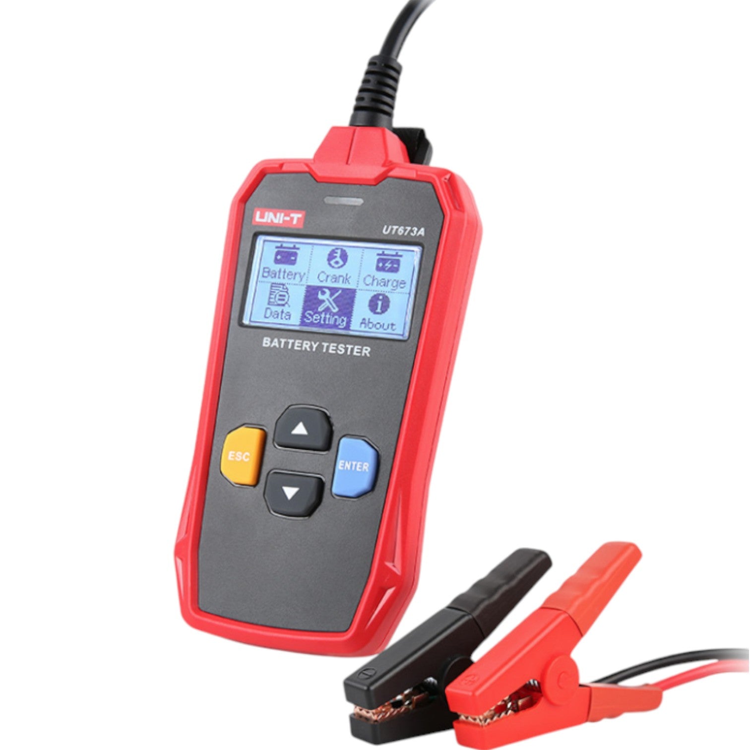 Red battery tester with digital display on a white background UNI-T Digital Battery Tester 12V or 24V 250AH Max Capacity UT673A Electx Electrical Supply
