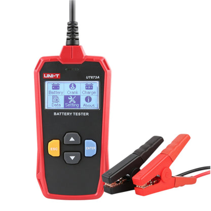 Red and black battery tester with digital display on a white background UNI-T Digital Battery Tester 12V or 24V 250AH Max Capacity UT673A Electx Electrical Supply