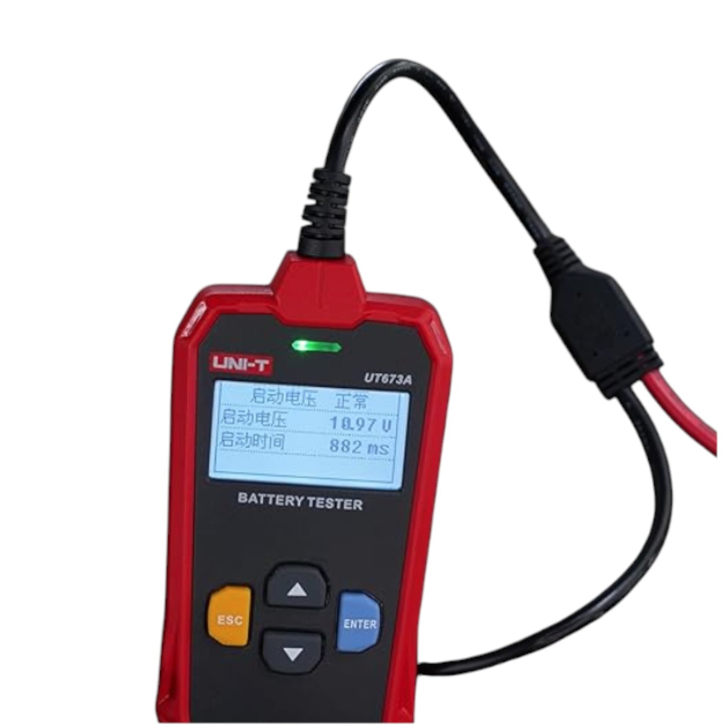 Red battery tester with display and buttons on a white background UNI-T Digital Battery Tester 12V or 24V 250AH Max Capacity UT673A Electx Electrical Supply