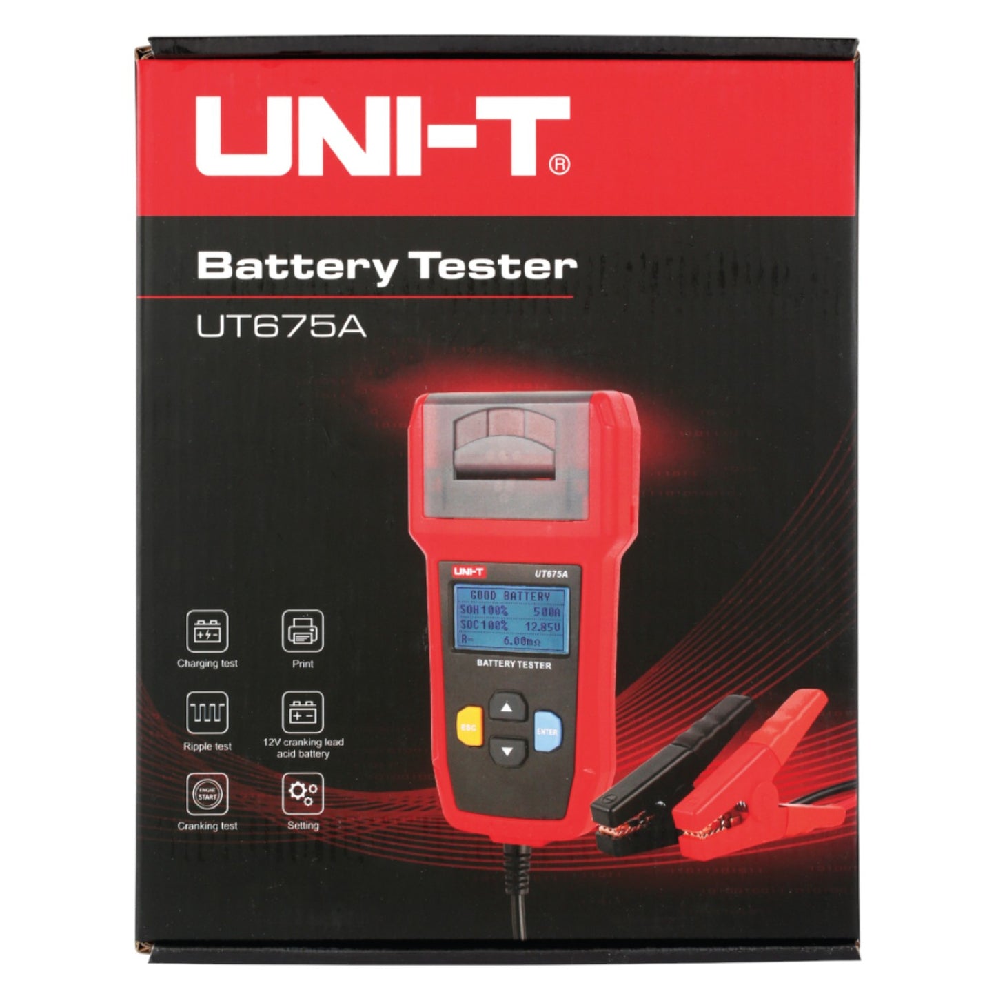 UNI-T battery tester packaging with product image on a black background UNI-T Digital Battery Tester with Thermal Printer UT675A 12V or 24V DC Max 250Ah Capacity Electx Electrical Supply