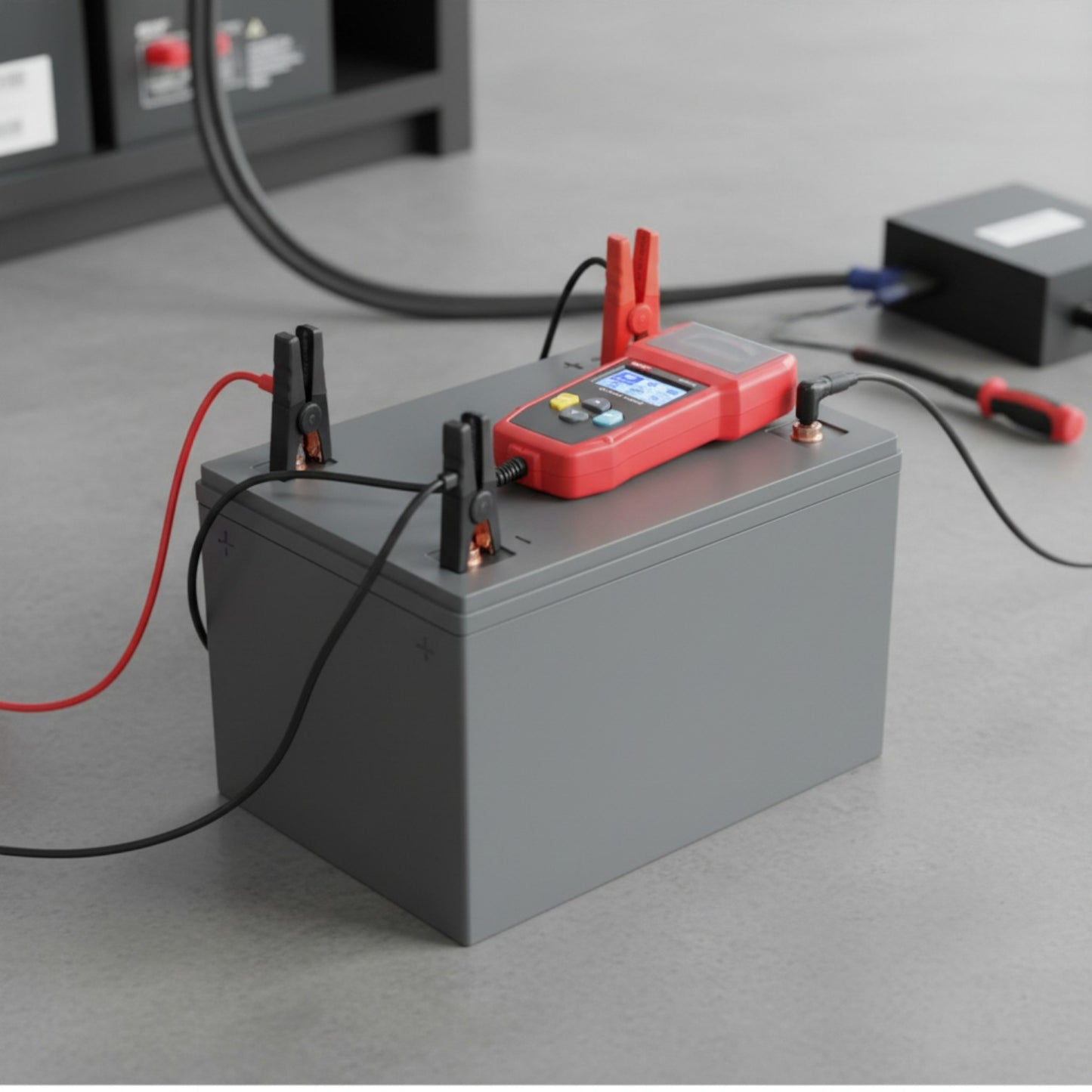 Battery being tested with a red multimeter on a gray surface UNI-T Digital Battery Tester with Thermal Printer UT675A 12V or 24V DC Max 250Ah Capacity Electx Electrical Supply