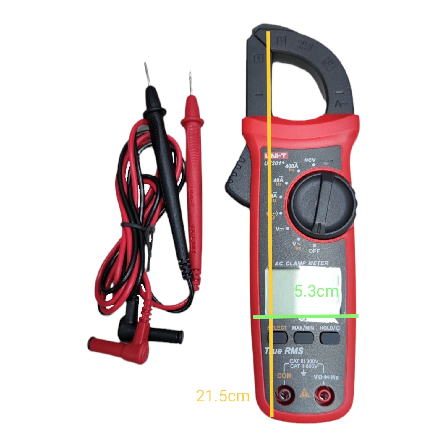 Red and black clamp multimeter with probes on a white background UNI-T Digital Clamp Multimeter 400A AC 600V AC/DC True RMS UT-201+ Electx Electrical Supply