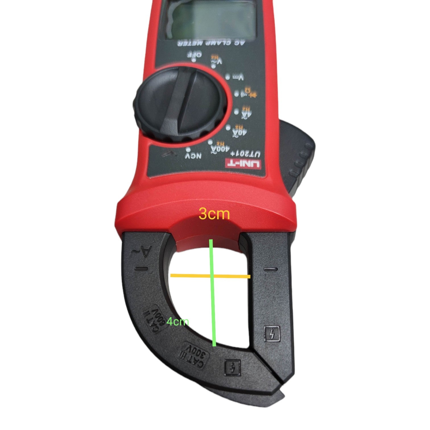 Red and black multimeter clamp on a white background UNI-T Digital Clamp Multimeter 400A AC 600V AC/DC True RMS UT-201+ Electx Electrical Supply