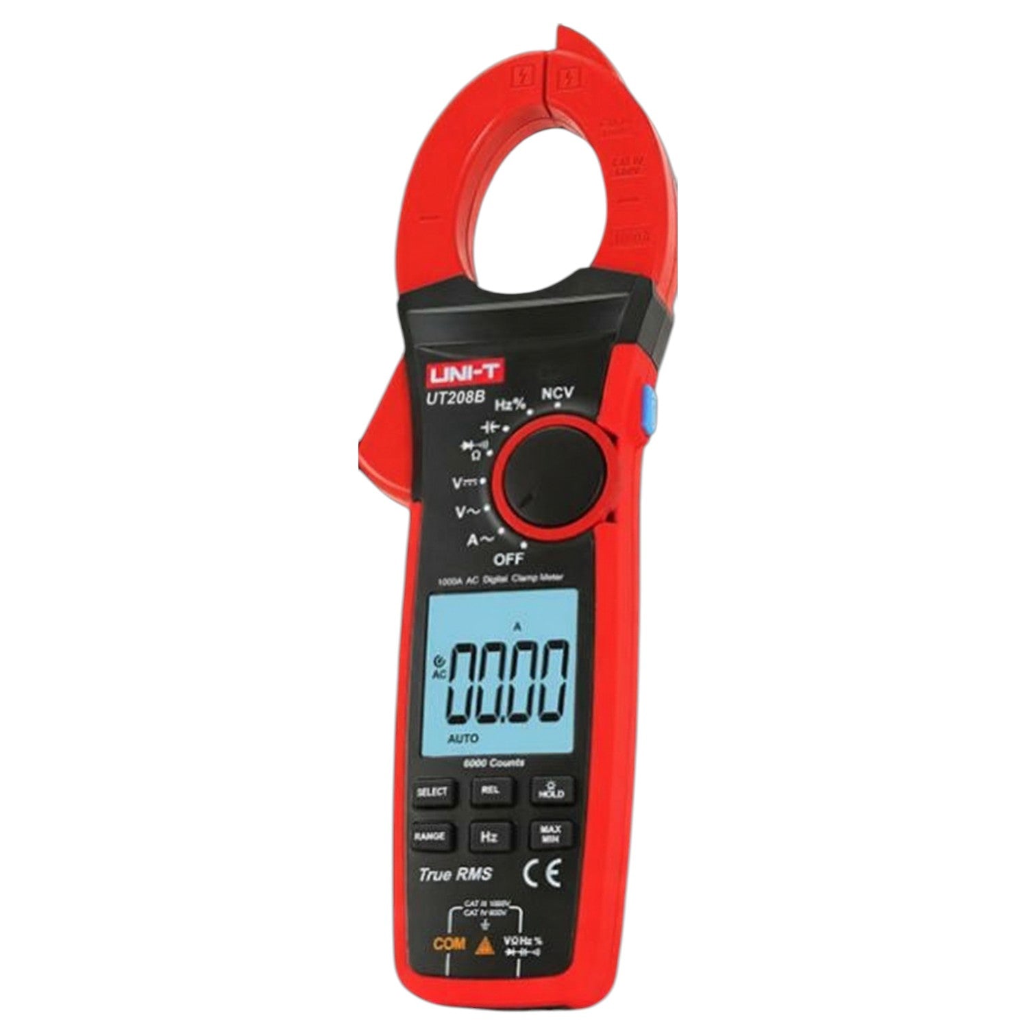 Digital clamp meter with red handle on a white background UNI-T Digital Clamp Tester True RMS 1000A Capacity UT208B Electx Electrical Supply