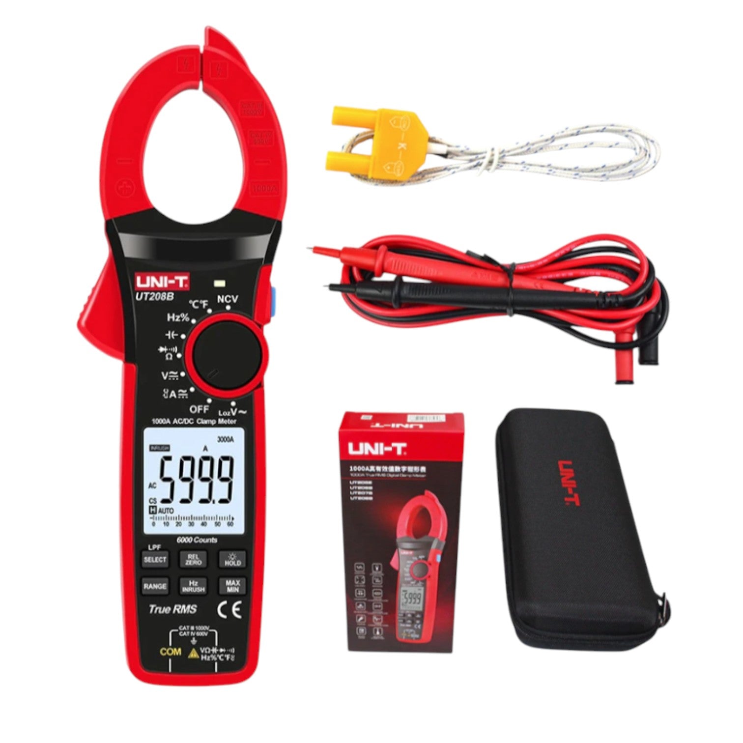 Digital clamp meter with accessories on a white background UNI-T Digital Clamp Tester True RMS 1000A Capacity UT208B Electx Electrical Supply