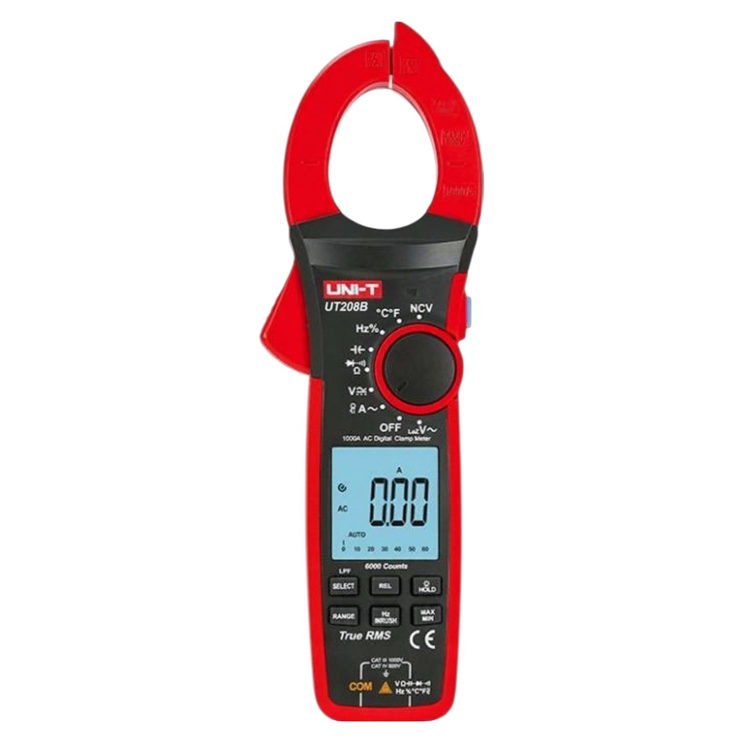 Red digital clamp meter with black display on a white background UNI-T Digital Clamp Tester True RMS 1000A Capacity UT208B Electx Electrical Supply