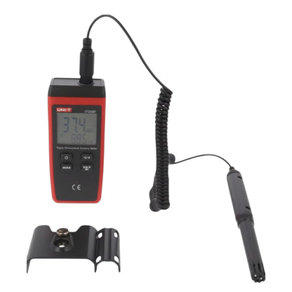 Digital temperature meter with probe and bracket on a white background UNI-T Digital Humidity Tester UT333S Range Capacity -10 to 60 Degrees Celsius Max RH 0 to 100% Electx Electrical Supply