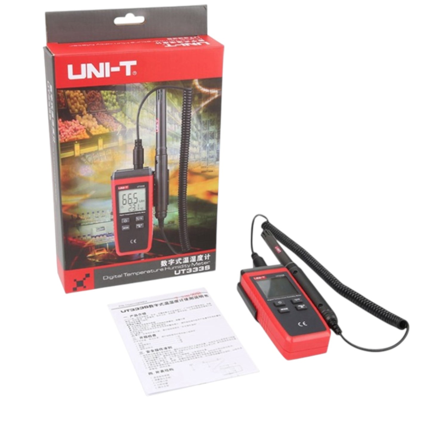 Red digital thermometer with coiled probe and UNI-T packaging on a white background UNI-T Digital Humidity Tester UT333S Range Capacity -10 to 60 Degrees Celsius Max RH 0 to 100% Electx Electrical Supply