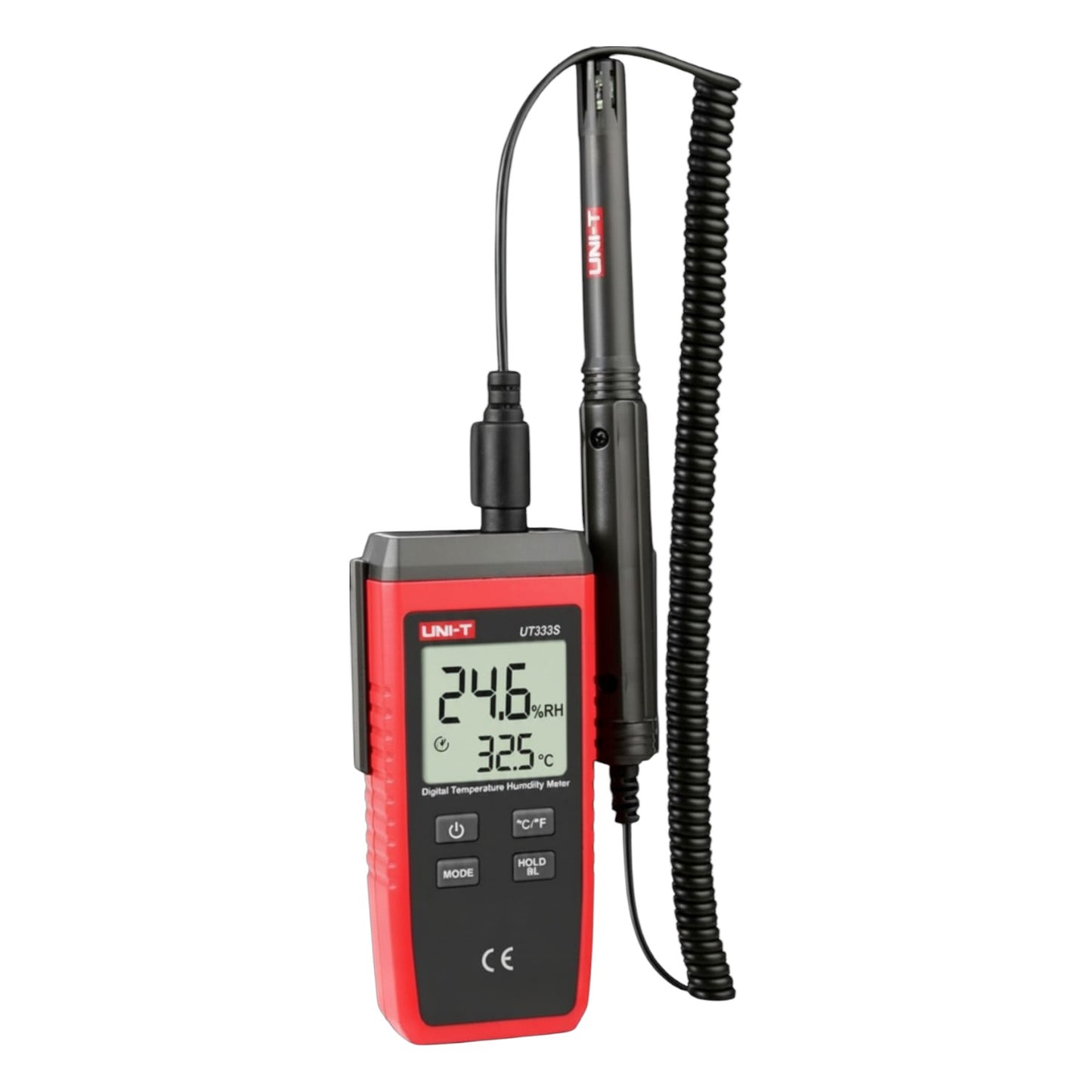 Digital thermometer with探头 on a white background UNI-T Digital Humidity Tester UT333S Range Capacity -10 to 60 Degrees Celsius Max RH 0 to 100% Electx Electrical Supply