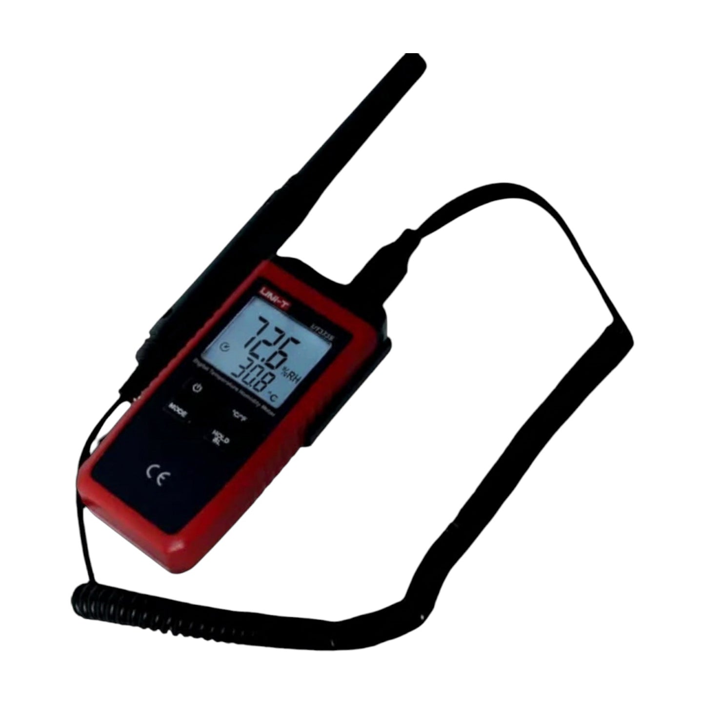 Digital device with a red casing and digital display on a white background UNI-T Digital Humidity Tester UT333S Range Capacity -10 to 60 Degrees Celsius Max RH 0 to 100% Electx Electrical Supply