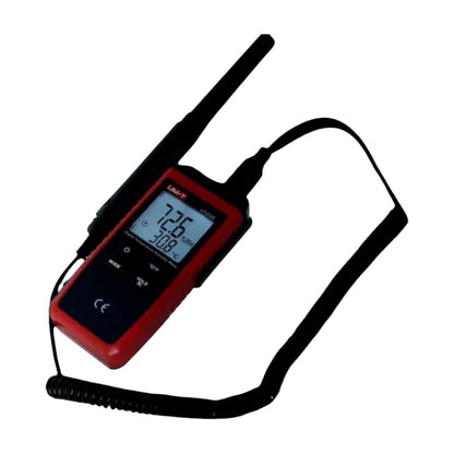 Digital device with a red casing and digital display on a white background UNI-T Digital Humidity Tester UT333S Range Capacity -10 to 60 Degrees Celsius Max RH 0 to 100% Electx Electrical Supply