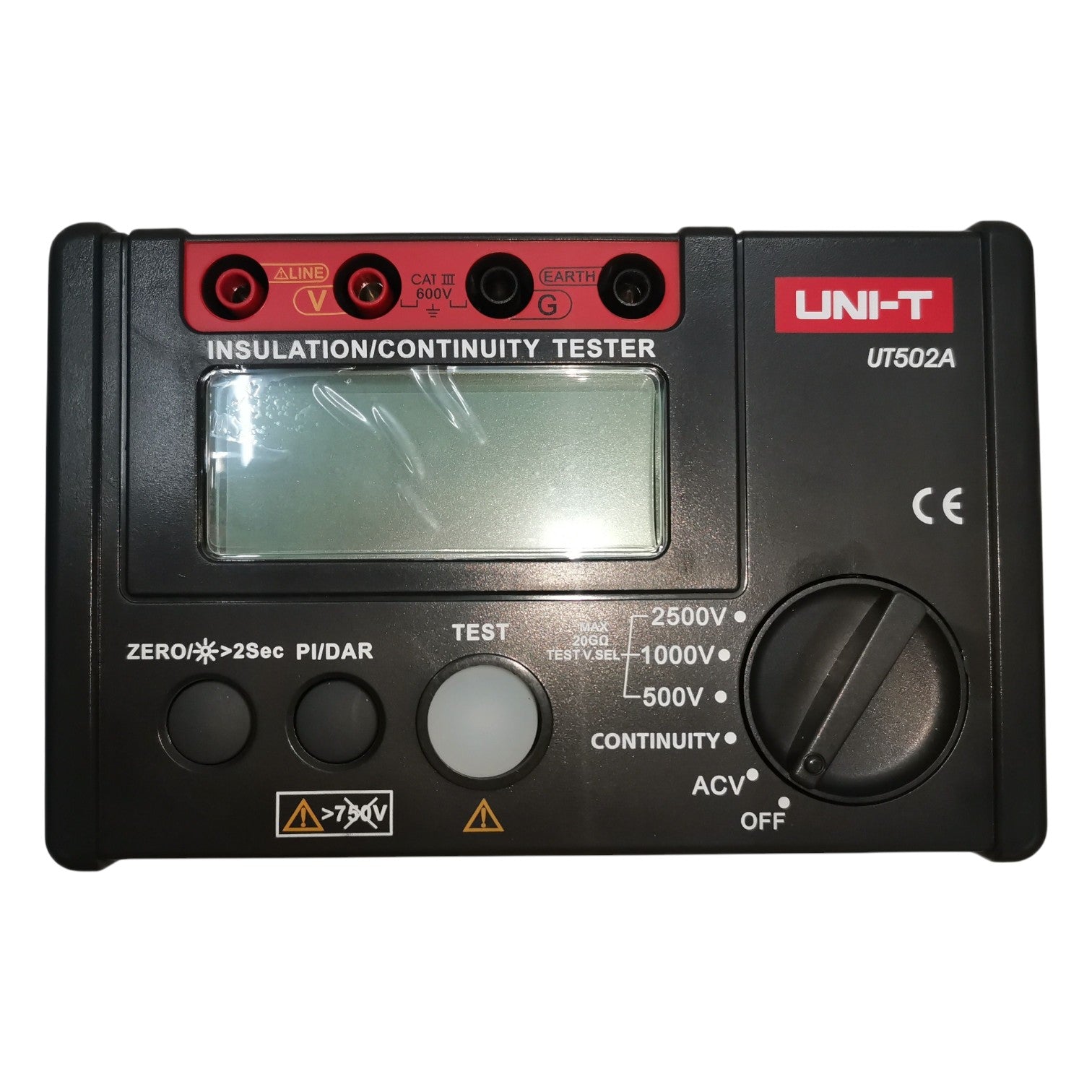 Insulation/continuity tester with digital display on a white background UNI-T Digital Insulation Resistance Tester UT502A Digital LCD Display 2500V Max 0-300V Electx Electrical Supply