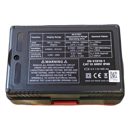 Back view of a device with technical specifications and warning labels on a white background UNI-T Digital Insulation Resistance Tester UT502A Digital LCD Display 2500V Max 0-300V Electx Electrical Supply