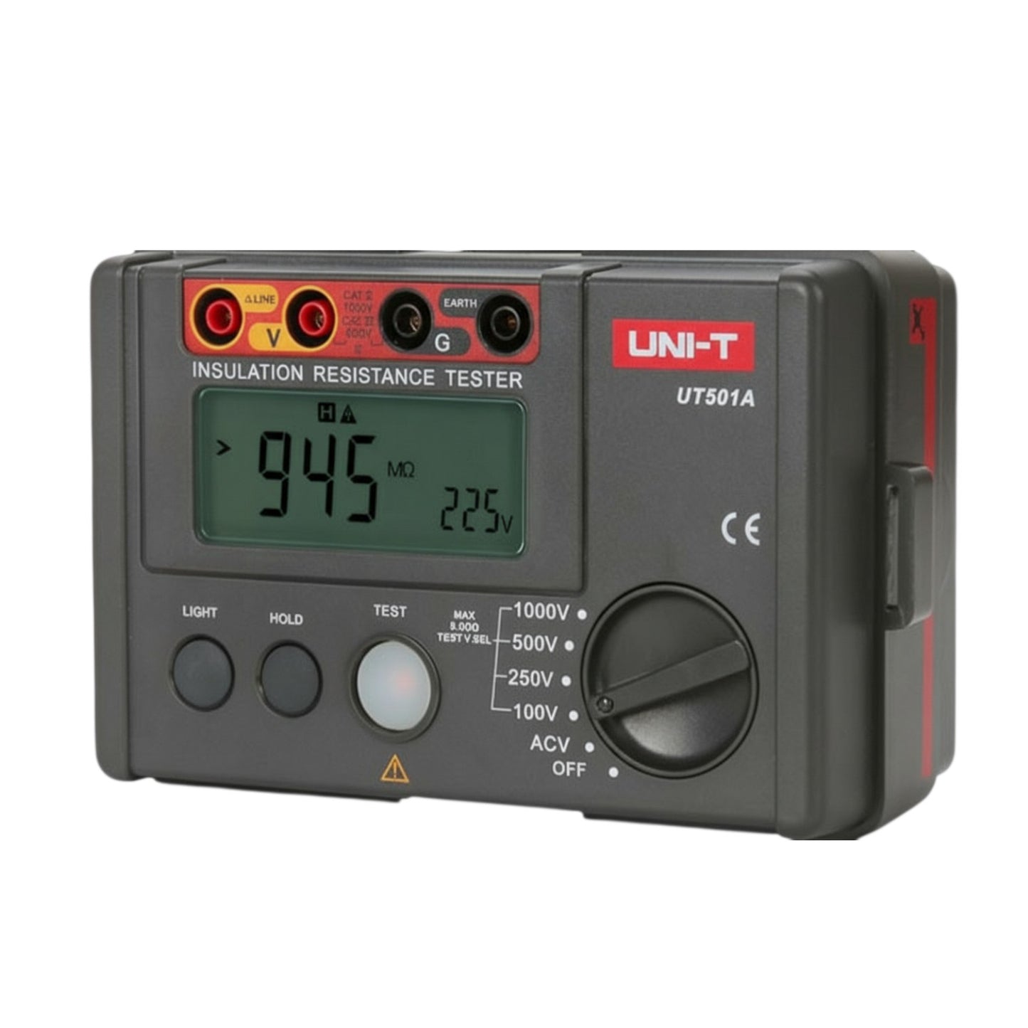 Insulation resistance tester with digital display on a white background UNI-T Digital Insulation Resistance Tester UT502A Digital LCD Display 2500V Max 0-300V Electx Electrical Supply