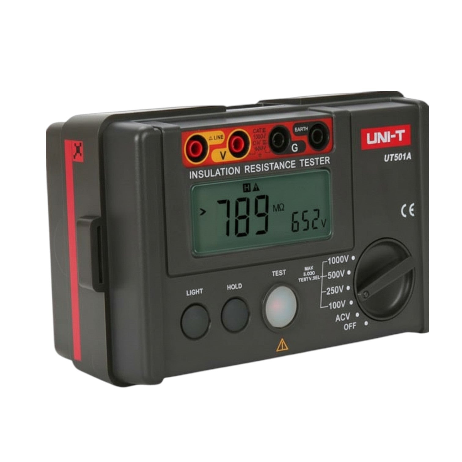 Insulation resistance tester with digital display on a white background UNI-T Digital Insulation Resistance Tester UT502A Digital LCD Display 2500V Max 0-300V Electx Electrical Supply