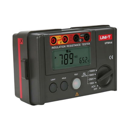 Insulation resistance tester with digital display on a white background UNI-T Digital Insulation Resistance Tester UT502A Digital LCD Display 2500V Max 0-300V Electx Electrical Supply