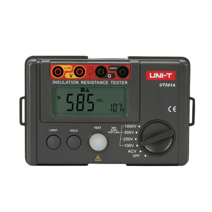Insulation resistance tester with digital display on a white background UNI-T Digital Insulation Resistance Tester UT502A Digital LCD Display 2500V Max 0-300V Electx Electrical Supply