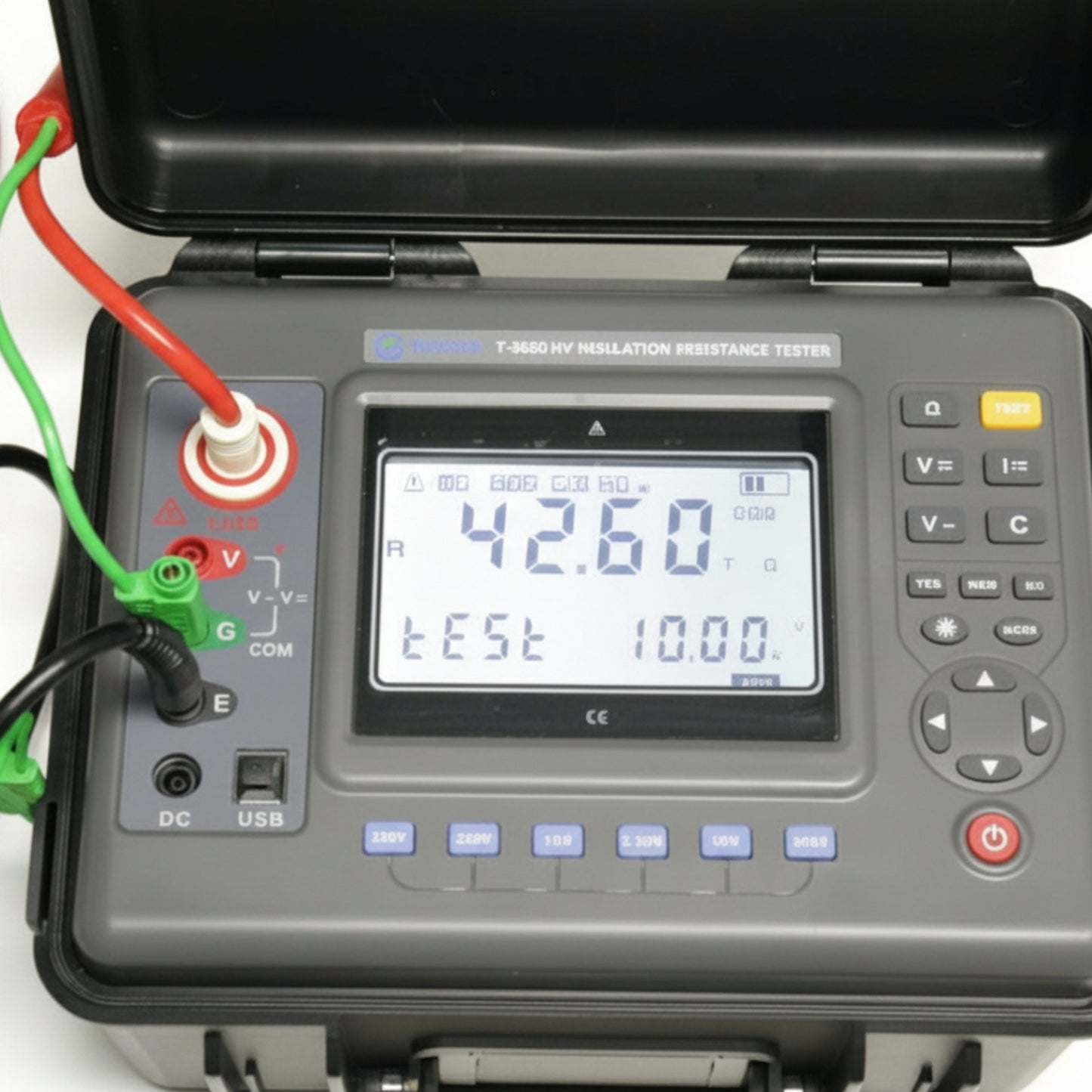 Insulation resistance tester with digital display and test leads attached UNI-T Digital Insulation Tester Rated 10KV UTG-T3630 HV Test Set Resistance Tester (Copy)