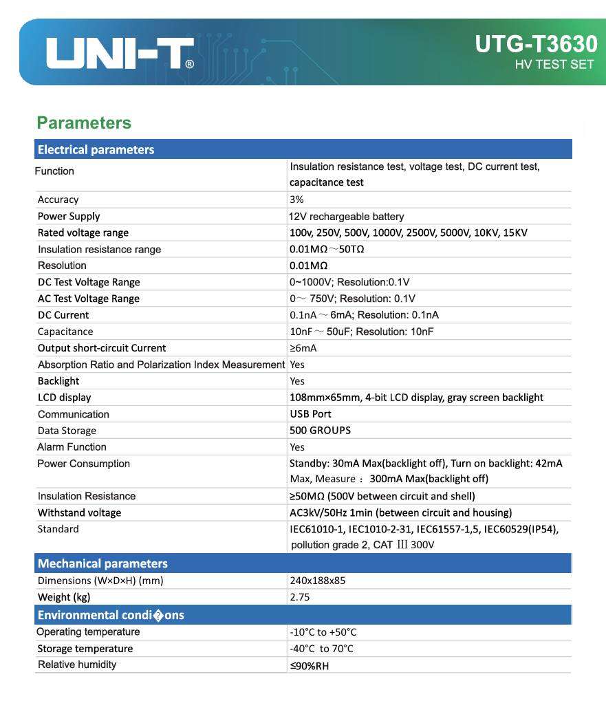 Technical specifications of a UNI-T UTG-T3630 HV test set on a white  UNI-T Digital Insulation Tester Rated 15KV UTG-T3630 HV Test Set Resistance Tester Electx Electrical Supplybackground