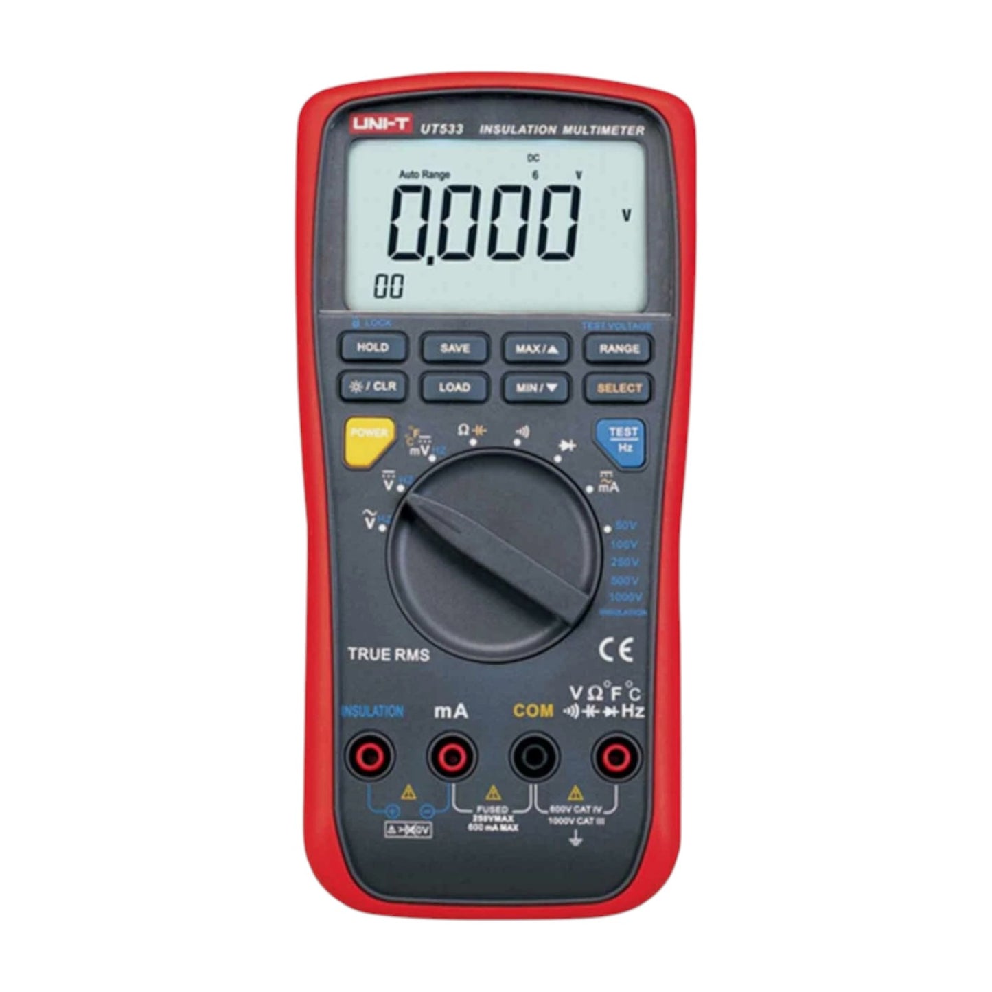 Digital multimeter with red casing on a white background 