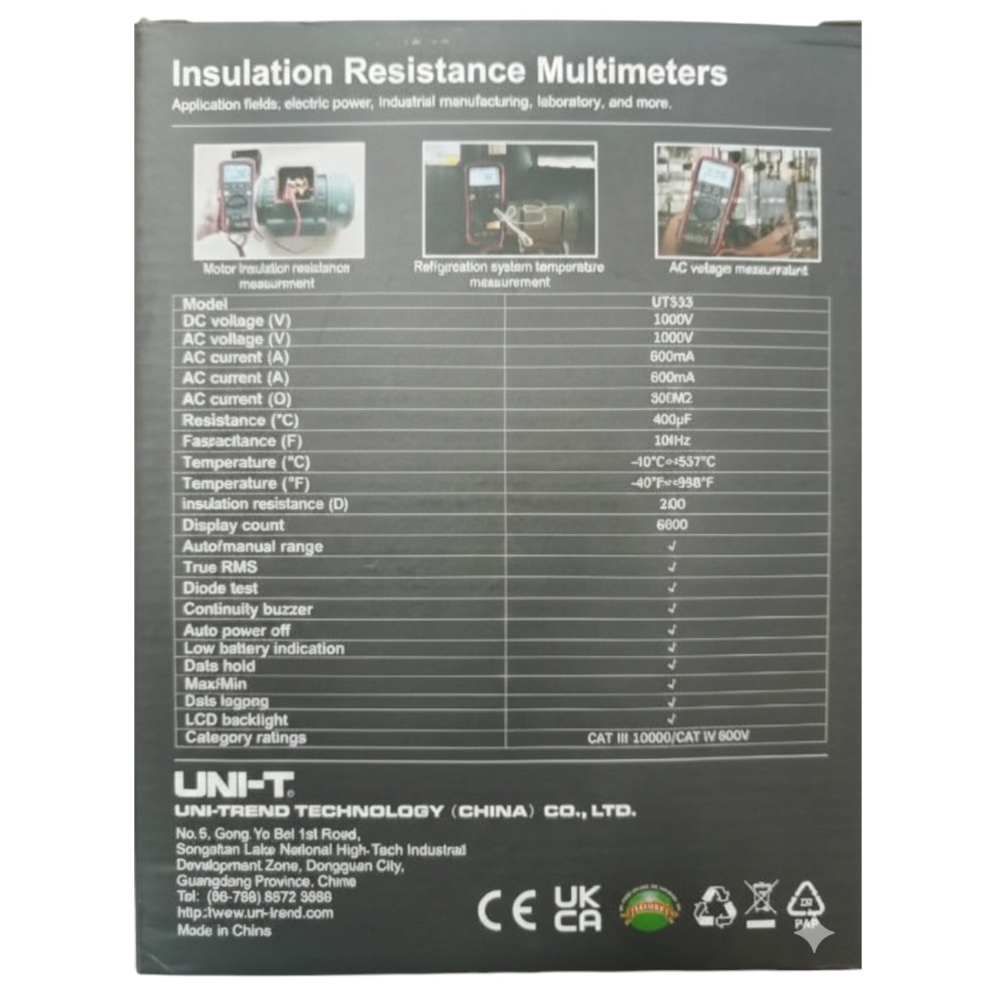 Back view of an insulation resistance multimeter with specifications and branding. UNI-T Digital Insulation Tester UT-533 1000V AC/DC 600mA AC/DC Current Resistance Tester Electx Electrical Supply