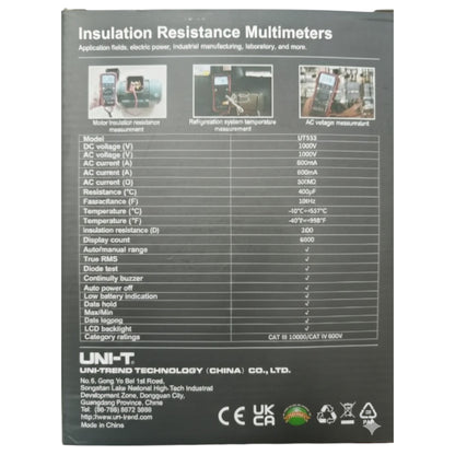 Back view of an insulation resistance multimeter with specifications and branding. UNI-T Digital Insulation Tester UT-533 1000V AC/DC 600mA AC/DC Current Resistance Tester Electx Electrical Supply
