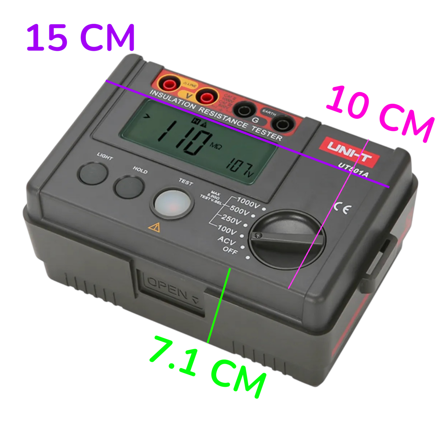 A handheld insulation resistance tester shown on a plain white background with overlaid dimension lines and text indicating 15 cm width, 10 cm depth, and 7.1 cm height.