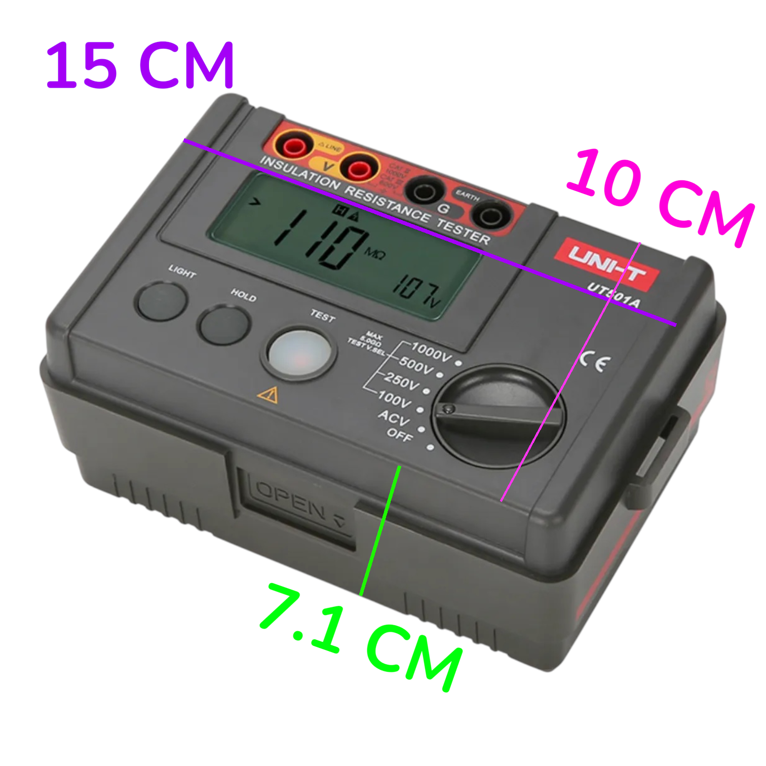 A handheld insulation resistance tester shown on a plain white background with overlaid dimension lines and text indicating 15 cm width, 10 cm depth, and 7.1 cm height.
