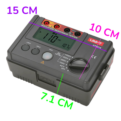 A handheld insulation resistance tester shown on a plain white background with overlaid dimension lines and text indicating 15 cm width, 10 cm depth, and 7.1 cm height.