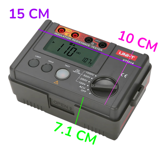 A handheld insulation resistance tester shown on a plain white background with overlaid dimension lines and text indicating 15 cm width, 10 cm depth, and 7.1 cm height.
