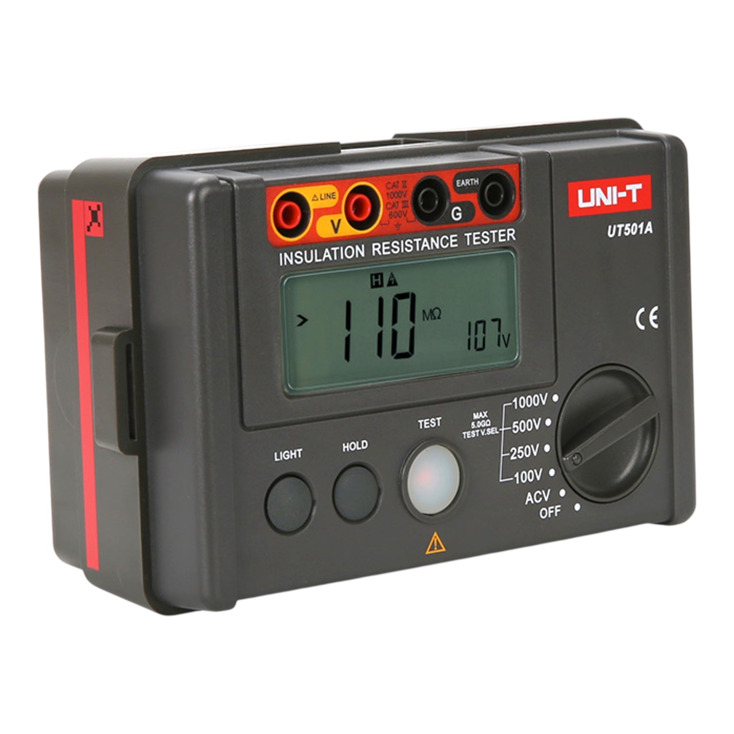 UNI-T UT501A insulation resistance tester in black plastic with red accents, a digital LCD display, and a rotary switch, shown on a white background.
