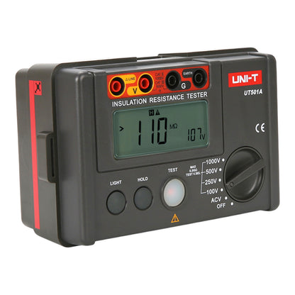 UNI-T UT501A insulation resistance tester in black plastic with red accents, a digital LCD display, and a rotary switch, shown on a white background.