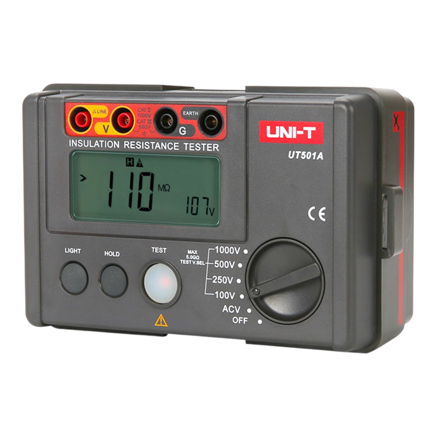 A UNI-T UT501A insulation resistance tester in dark gray plastic with red, yellow, black, and white markings, featuring a digital LCD screen and rotary dial, shown on a plain white background.
