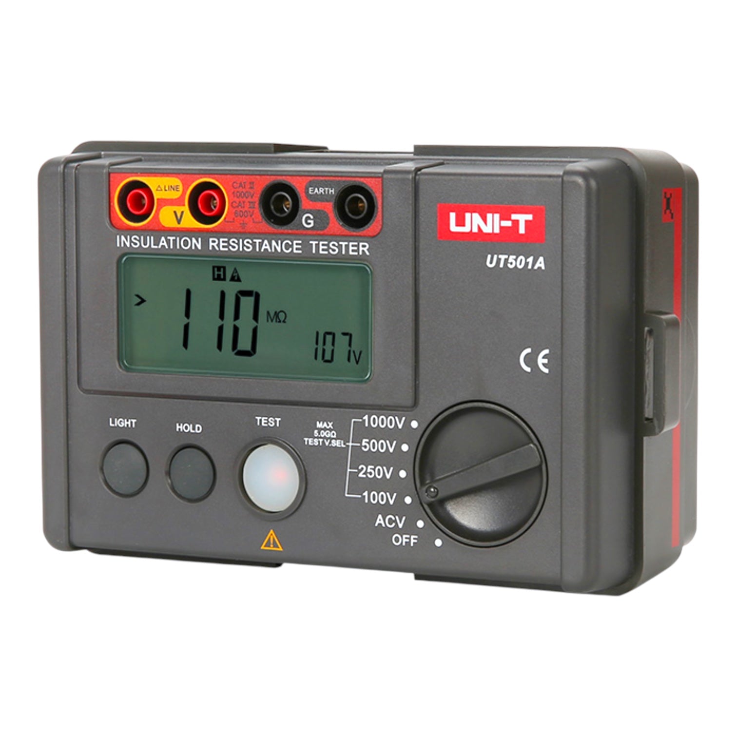 A UNI-T UT501A insulation resistance tester in dark gray plastic with red, yellow, black, and white markings, featuring a digital LCD screen and rotary dial, shown on a plain white background.