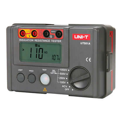 A UNI-T UT501A insulation resistance tester in dark gray plastic with red, yellow, black, and white markings, featuring a digital LCD screen and rotary dial, shown on a plain white background.