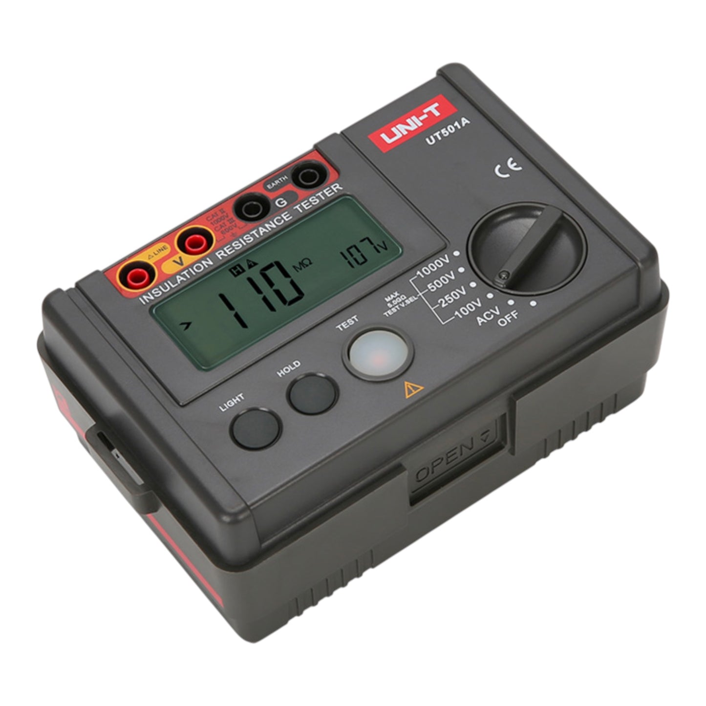 A UNI-T UT501A insulation resistance tester in black plastic with a digital LCD screen, rotary switch, and red brand label, shown on a plain white background.