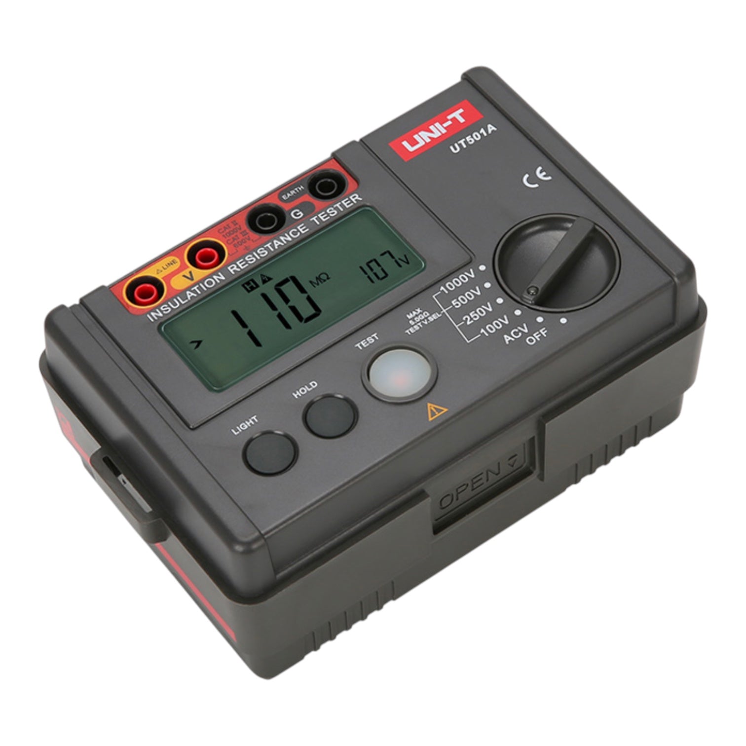 A UNI-T UT501A insulation resistance tester in black plastic with a digital LCD screen, rotary switch, and red brand label, shown on a plain white background.