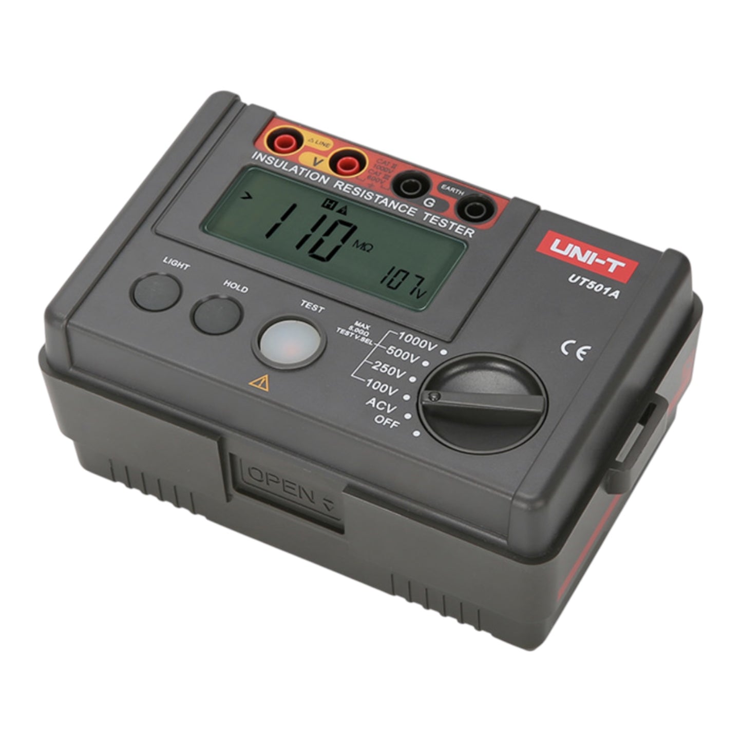 A UNI-T UT501A insulation resistance tester in dark gray plastic, featuring a digital LCD screen, rotary switch, and red and black test leads on a clean white background.