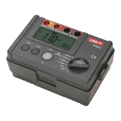 A UNI-T UT501A insulation resistance tester in dark gray plastic, featuring a digital LCD screen, rotary switch, and red and black test leads on a clean white background.