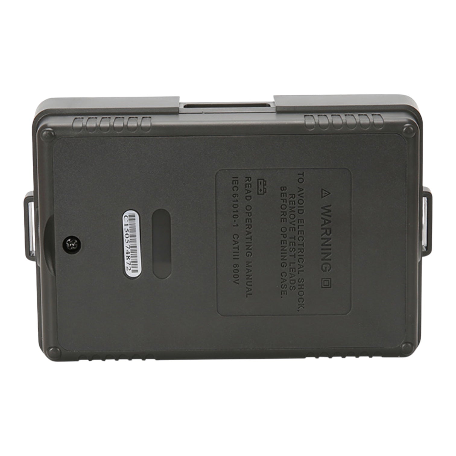 The back of a dark gray industrial electrical shock protector enclosure, showing molded details, a warning label, and side handles against a white background.