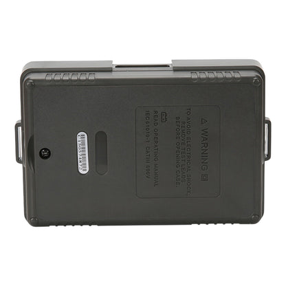 The back of a dark gray industrial electrical shock protector enclosure, showing molded details, a warning label, and side handles against a white background.