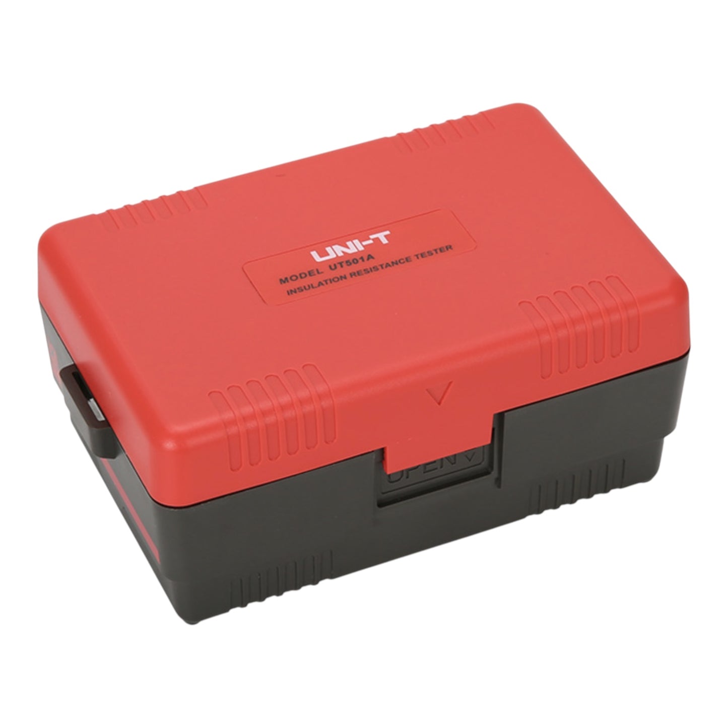 A red and black UNI-T UT501A insulation resistance tester box, shown at a three-quarter angle on a plain white background.